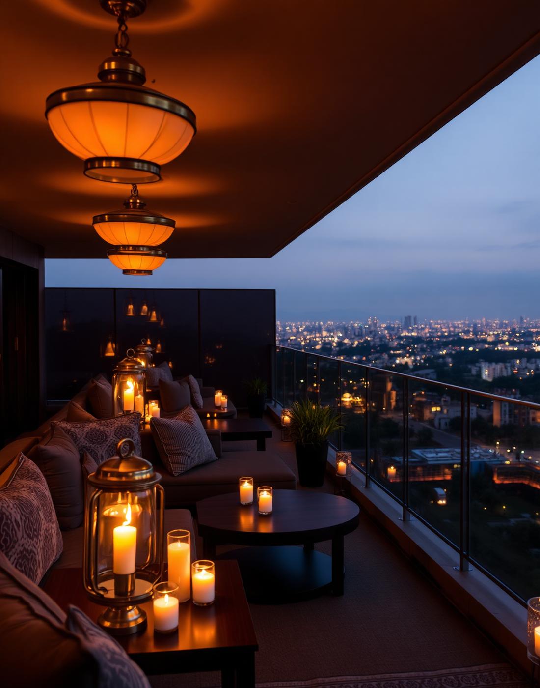 Evening hotel lounge lit by warm lanterns