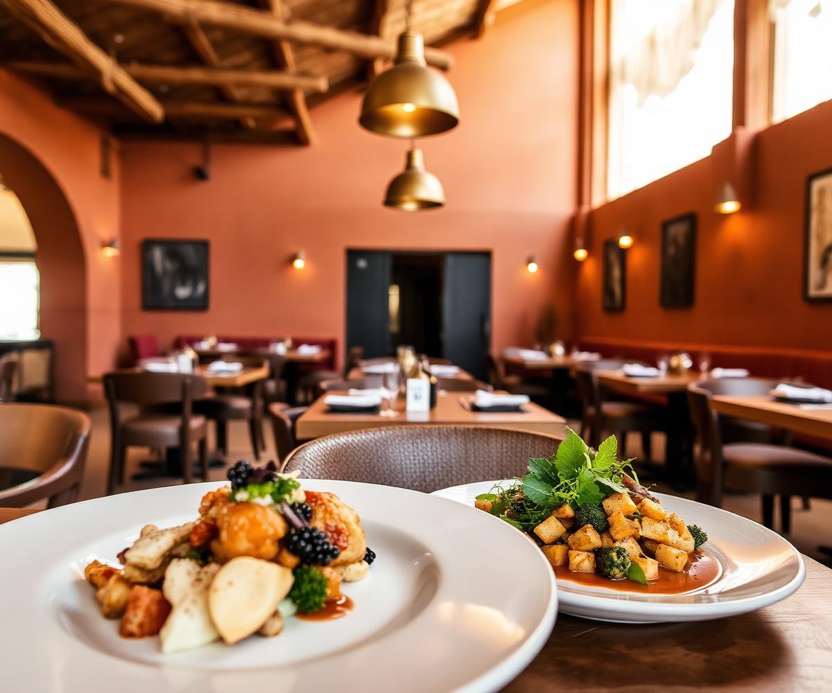 Warm restaurant interior with clay walls and brass pendants